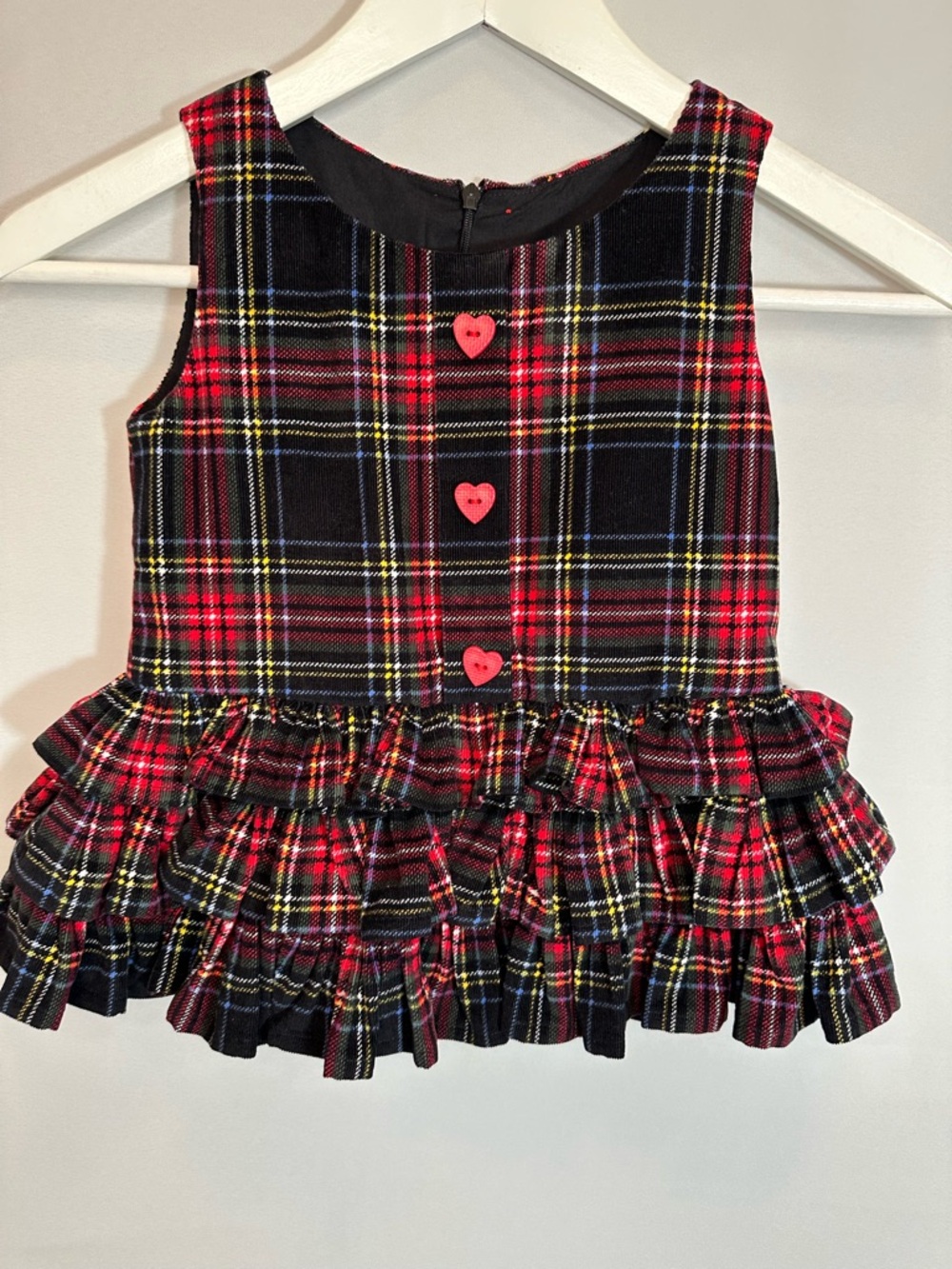 Girls Plaid Red Black Plaid Ruffled Dress with Heart Buttons Sleeveless